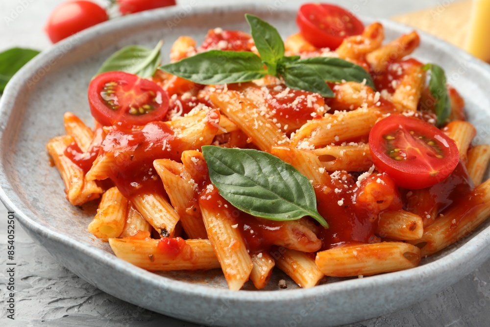 Delicious pasta with tomato sauce, basil and cheese on gray textured table, closeup Delicious pasta with tomato sauce, basil and cheese on gray textured table, closeup