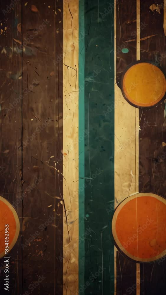 vertically oriented abstract design with teal and brown stripes and orange circles. The distressed textures give it a vintage appearance, with ample space for text or other elements vertically oriented abstract design with teal and brown stripes and orange circles. The distressed textures give it a vintage appearance, with ample space for text or other elements