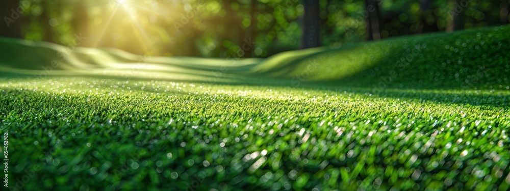 The sun brightly shines through trees, revealing a hill covered in green grass in the picture's foreground The sun brightly shines through trees, revealing a hill covered in green grass in the picture's foreground