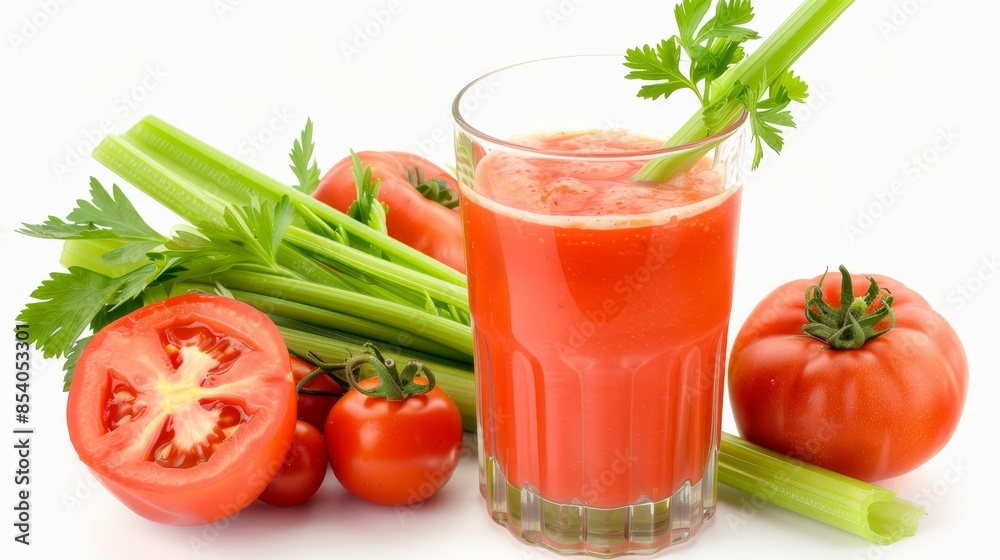 Refreshing tomato juice in glass with celery and tomatoes on white background, side perspective Refreshing tomato juice in glass with celery and tomatoes on white background, side perspective