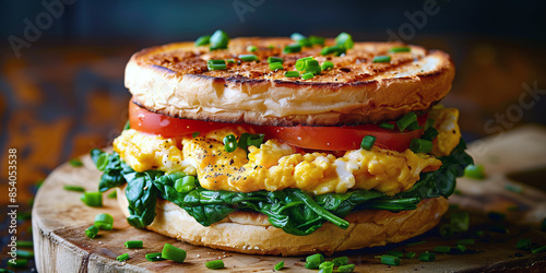 Spinach and Goat Cheese Breakfast Sandwich: English muffin filled with scrambled eggs, sautéed spinach, creamy goat cheese, and sliced tomatoes.