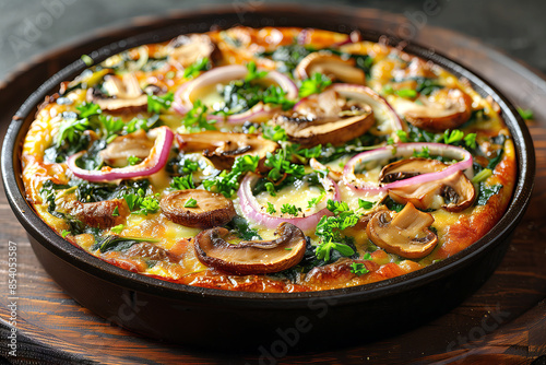 Spinach and Mushroom Frittata: Baked egg dish loaded with sautéed spinach, mushrooms, onions, and shredded cheese. photo