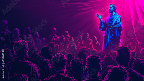 Jesus teaching a crowd with vibrant and colorful lighting, creating an illuminated and mystical atmosphere.
