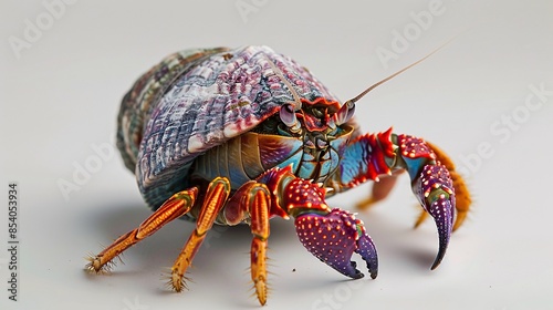 A colorful hermit crab, with its distinctive shell and extended claws, sits on a pristine white background. The image showcases the animal's symbiotic relationship with its shell and its unique