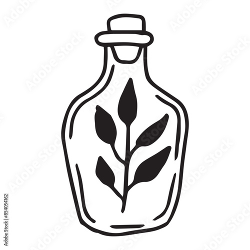 vector line drawing. glass bottles with potions. drawing in vintage style black and white graphics. vessels isolated on white background. symbol of magic, witchcraft, alternative medicine, esotericism