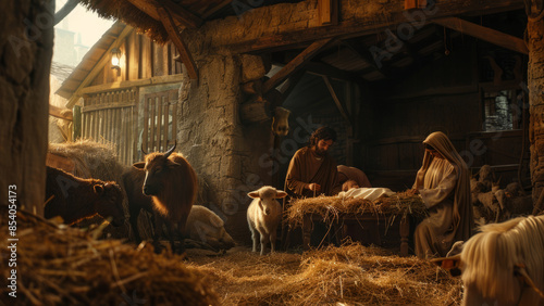 A nativity scene set in a rustic stable, featuring the Holy Family with baby Jesus in the manger, surrounded by animals.
