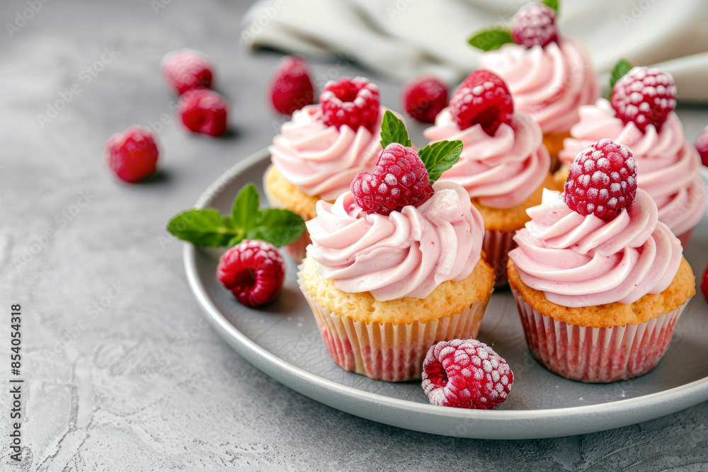 Plate with tasty raspberry muffins on a gray background on a plate with fresh raspberry elements close up
Plate with tasty raspberry muffins on a gray background on a plate with fresh raspberry elements close up