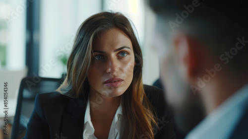 Wallpaper Mural Close-up portrait of a businesswoman in a black suit in the office talking to someone
 Torontodigital.ca