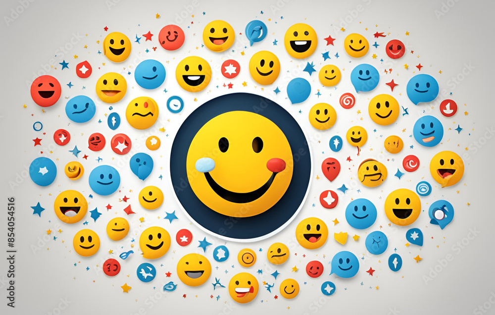 Many smiling faces on a white background, A smiley face surrounded by colorful balls
Many smiling faces on a white background, A smiley face surrounded by colorful balls