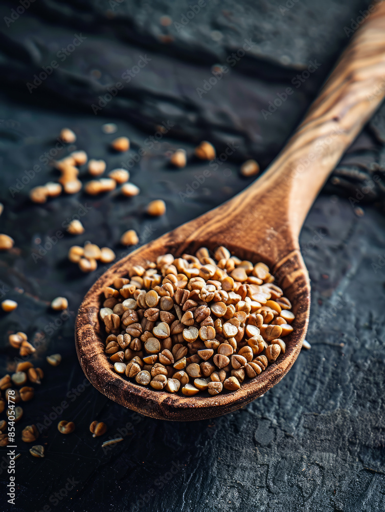 Raw buckwheat grains in a wooden spoon close up on a dark stone background vertical
Raw buckwheat grains in a wooden spoon close up on a dark stone background vertical