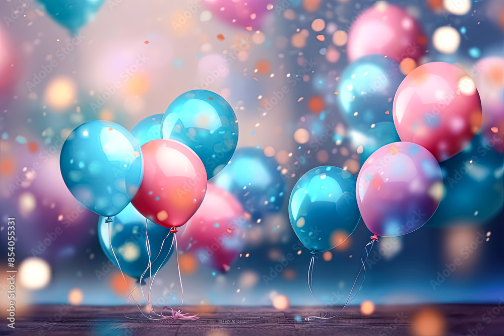 A bunch of colorful balloons with confetti falling around them. The balloons are pink and blue, and the confetti adds a festive touch to the scene. Scene is joyful and celebratory A bunch of colorful balloons with confetti falling around them. The balloons are pink and blue, and the confetti adds a festive touch to the scene. Scene is joyful and celebratory