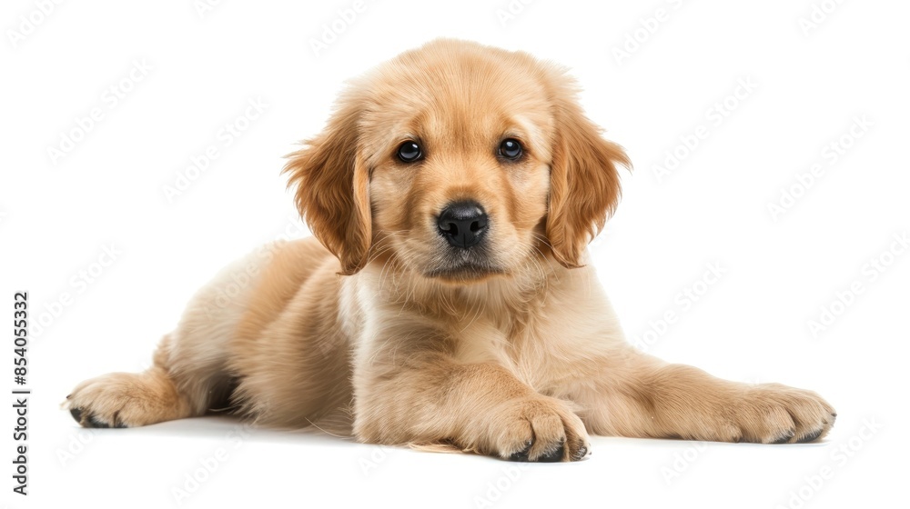3 month old Golden Retriever puppy laying down facing forward looking at camera with dark brown eyes on white background
