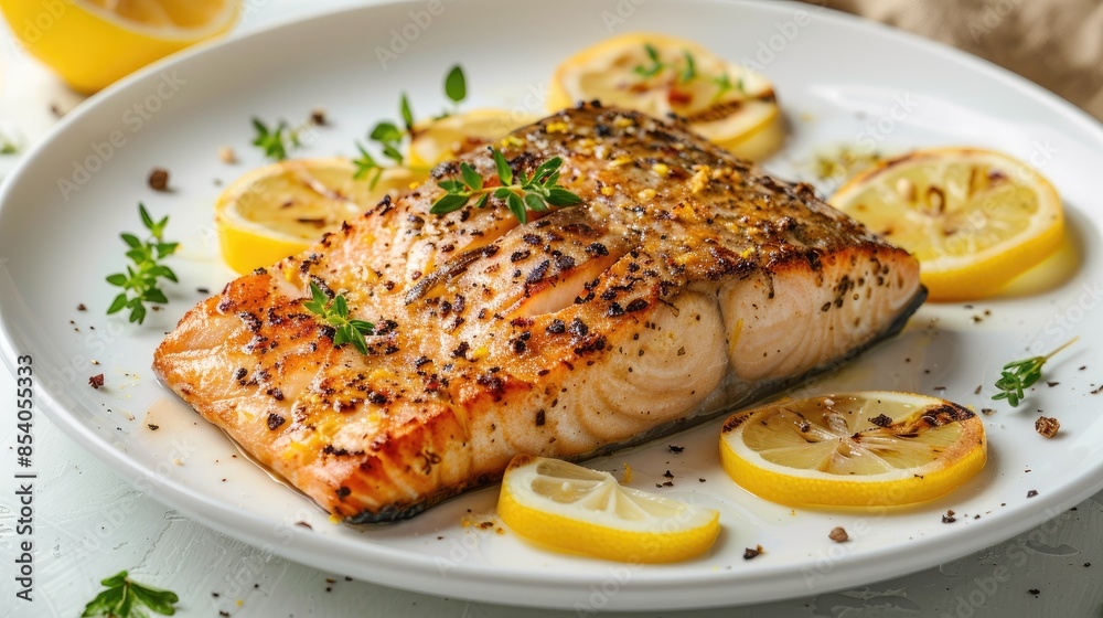 grilled fillet of trout garnished with lemon slices on a white plate with ample copy space grilled fillet of trout garnished with lemon slices on a white plate with ample copy space