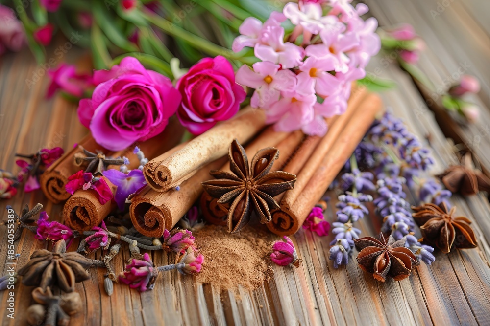 Aromatic cinnamon sticks, star anise, and delicate lavender and rose petals create a visually appealing and fragrant display on a rustic wooden surface. Generative AI