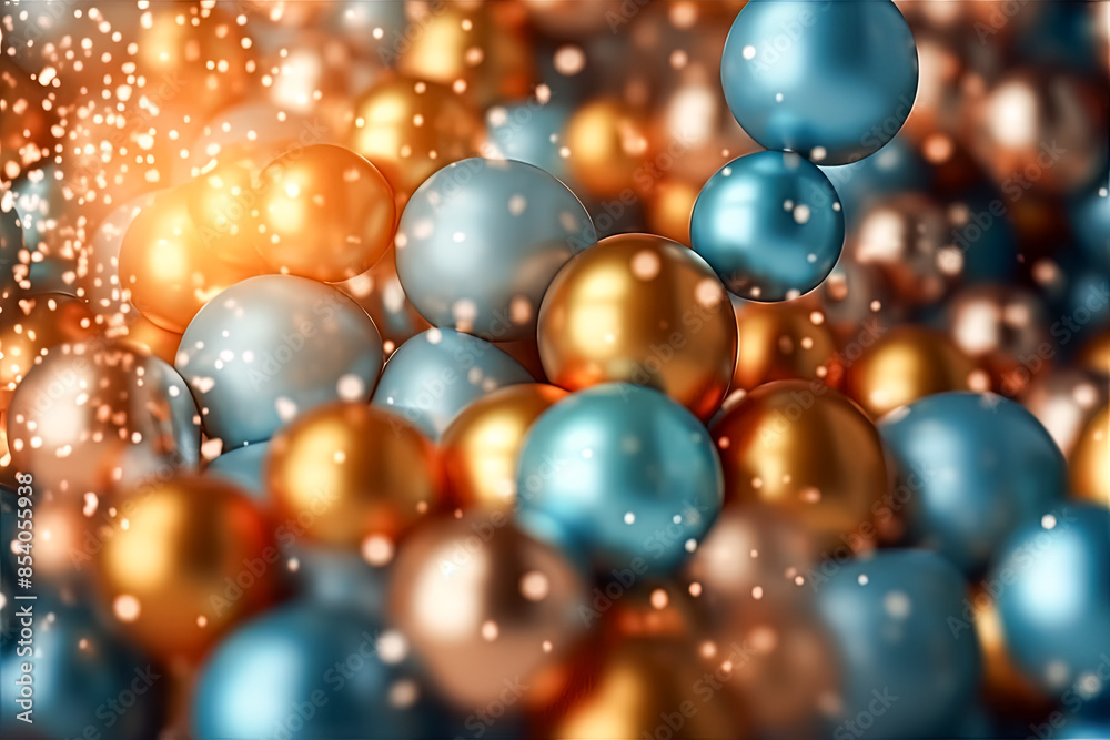 A bunch of balloons in the air with a blurry background. The balloons are in different colors, including blue and gold. Concept of celebration and joy