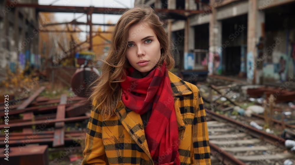 Portrait of a woman in a checkered coat against background of industrial factory ruins Portrait of a woman in a checkered coat against background of industrial factory ruins