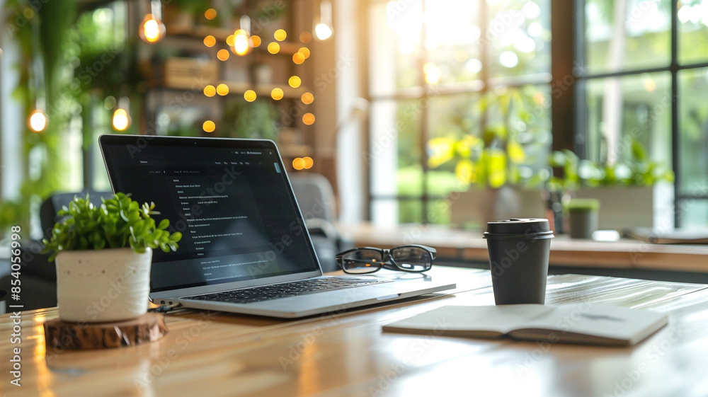 Cozy workspace with a laptop, coffee, and plants, bathed in natural light, creating a productive and relaxed environment. Cozy workspace with a laptop, coffee, and plants, bathed in natural light, creating a productive and relaxed environment.