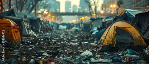 Homeless encampment in a city environment filled with trash, highlighting poverty, urban struggle, and social issues 8K , high-resolution, ultra HD,up32K HD