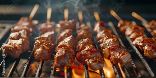 Yakitori skewers cooking over smoky grill centered professional photo copy space selective focus. Concept Food Photography, Japanese Cuisine, Grilled Skewers, Cooking Over Grill, Copy Space