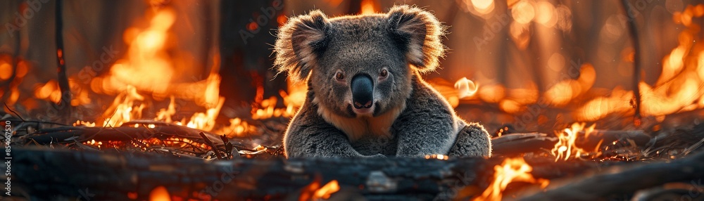 Fototapeta premium Koala sitting amidst a forest fire, glowing embers and flames reflecting in its eyes, symbolizing the devastation of natural habitats 8K , high-resolution, ultra HD,up32K HD