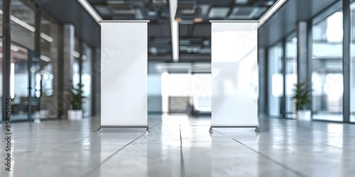 Wallpaper Mural Mockup of two white rollup standee banners in an empty office hall. Concept Professional Marketing Displays, Office Branding Mockup, Rollup Standee Banners, Corporate Event Signage Torontodigital.ca