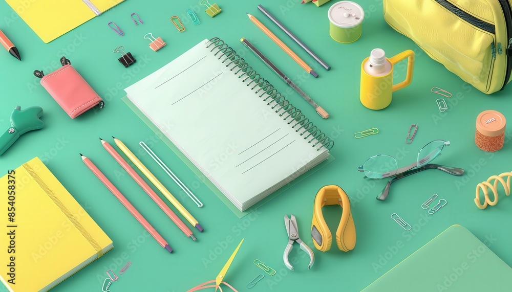 A green notebook with a yellow cover and a yellow pencils on top of it A green notebook with a yellow cover and a yellow pencils on top of it