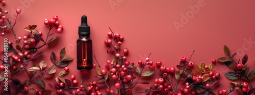  Essential oil in red berry & green leaf setting, pink backdrop - Text here photo