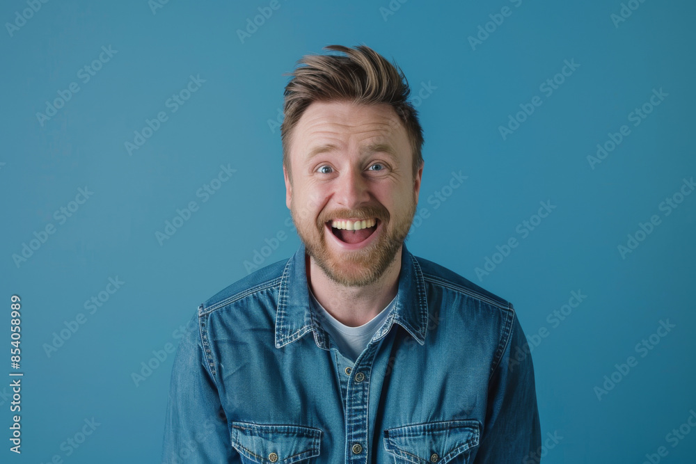 a Caucasian man in a blue denim shirt, showing happiness with a big smile on a blue studio background a Caucasian man in a blue denim shirt, showing happiness with a big smile on a blue studio background