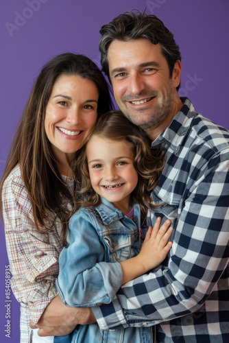 a Caucasian family looking happy on a purple studio background