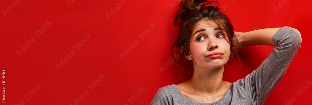a Caucasian woman looking content on a red studio background a Caucasian woman looking content on a red studio background