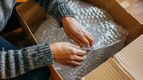 A person placing bubble wrap inside a cardboard box.