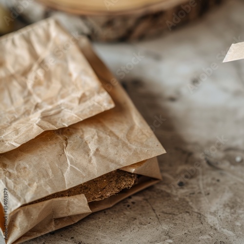 packaging for a food product including a compostable bag and recycled paper label sustainable and natural vibe product photography shot with a macro lens photo