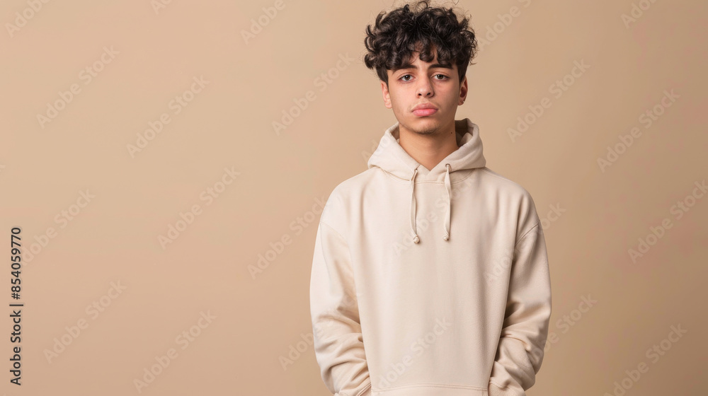 Fototapeta premium a Hispanic teenager in beige casual wear, looking anxious with hands in pockets on a beige studio background
