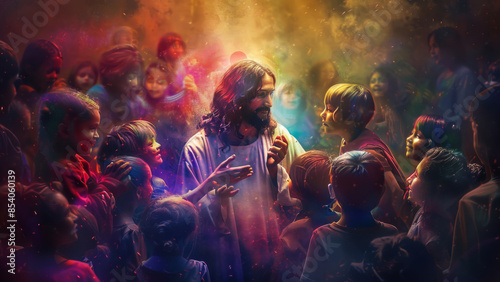 Jesus celebrating with children in a vibrant and festive setting, surrounded by colorful lights.
