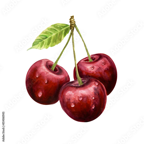 watercolor three ripe cherries clustered together with their stems still attached