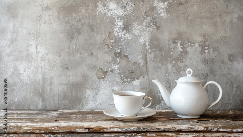 A white tea kettle sits on a wooden table next to a white cup. Generate AI image
