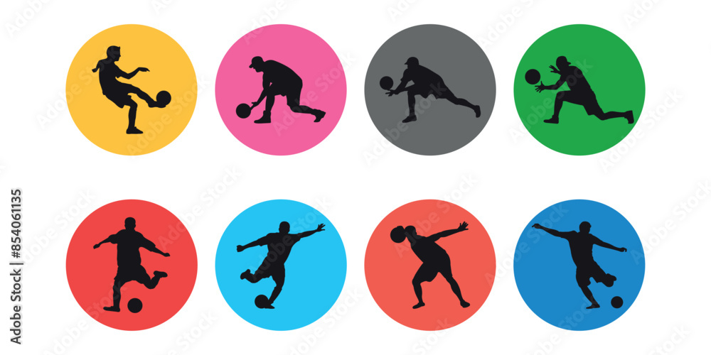 Collection of colored icons with silhouettes of kickball players Collection of colored icons with silhouettes of kickball players