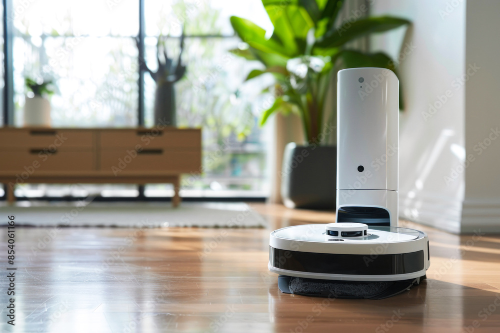 Robotic mop docking in modern home interior Robotic mop docking in modern home interior