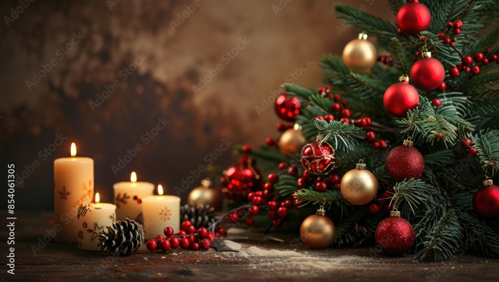 A Christmas tree with many ornaments and candles on the ground. Generate AI image A Christmas tree with many ornaments and candles on the ground. Generate AI image