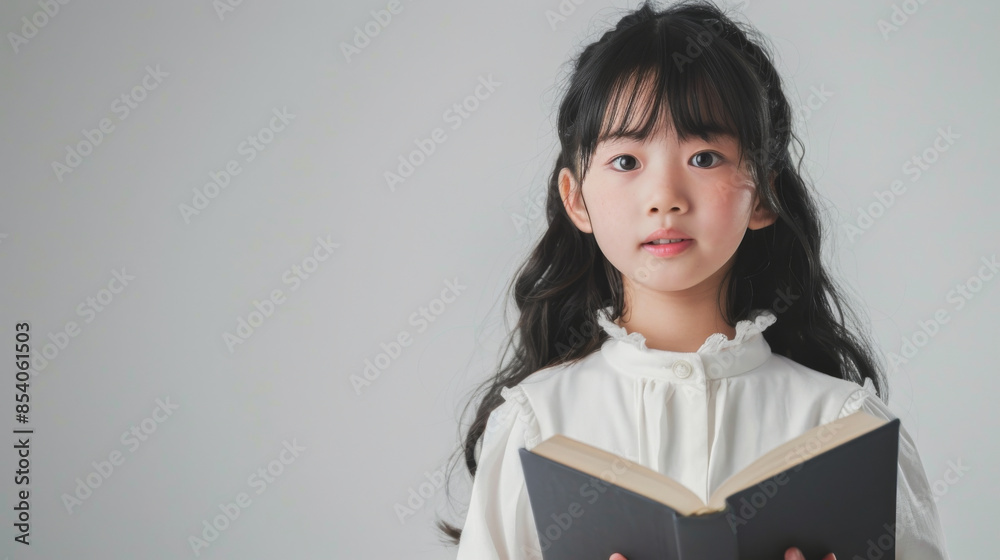 Obraz premium a Japanese girl in a white dress, looking curious while holding a book on a white studio background
