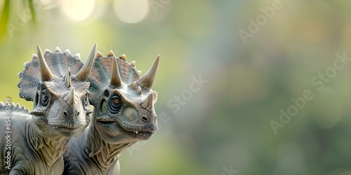 Modern art of styracosaurus and carnotaurus dinosaurs standing and smiling together. Concept Comical Dinosaurs, Prehistoric Friendship, Smiling Creatures, Unlikely Pairing, Modern Artistic Twist photo