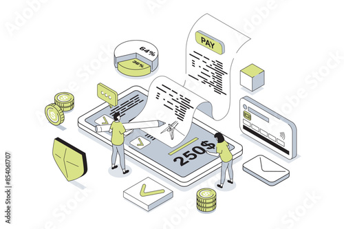 Electronic receipt 3d isometric concept in outline isometry design for web. People receiving digital form of invoice for checkout, paying bills online with credit card in app. Vector illustration.