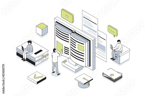 Modern education 3d isometric concept in outline isometry design for web. People reading e-books and digital textbook, learning at digital classroom, watching video lectures. Vector illustration.