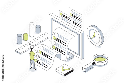 Online survey 3d isometric concept in outline isometry design for web. People giving feedback and evaluation, marking answer in questionnaire, voting in digital form on computer. Vector illustration.