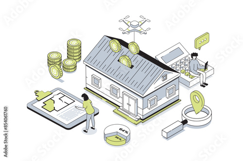 Real estate 3d isometric concept in outline isometry design for web. People researching real estate market, choosing new house with blueprint, client buying property and moving. Vector illustration.