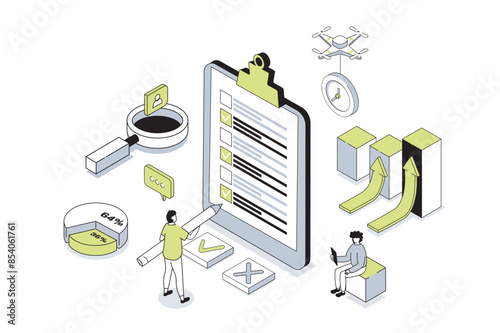 Survey 3d isometric concept in outline isometry design for web. People answering in questionnaire or quiz form, giving client feedback, choosing and marking in test checklist. Vector illustration.