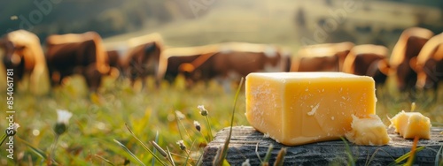  A block of cheese atop a wooden base in a pastoral scene, surrounded by grazing cows and lush foliage photo
