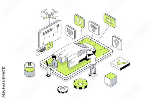 Smart car 3d isometric concept in outline isometry design for web. People managing of autonomous automobile with smartphone app, monitoring system, using online map navigation. Vector illustration.