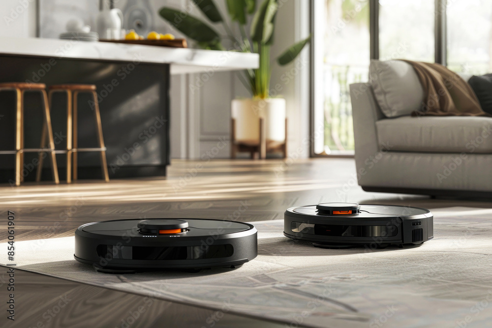 Two robot vacuums cleaning a modern living room