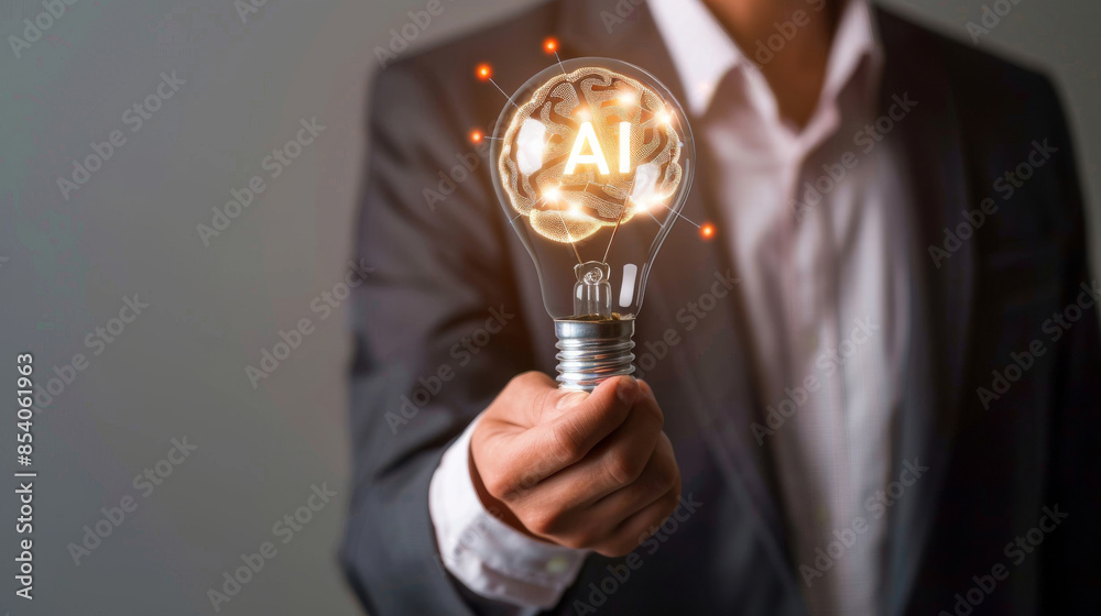 Businessman holding a glowing lightbulb labeled AI, representing ...